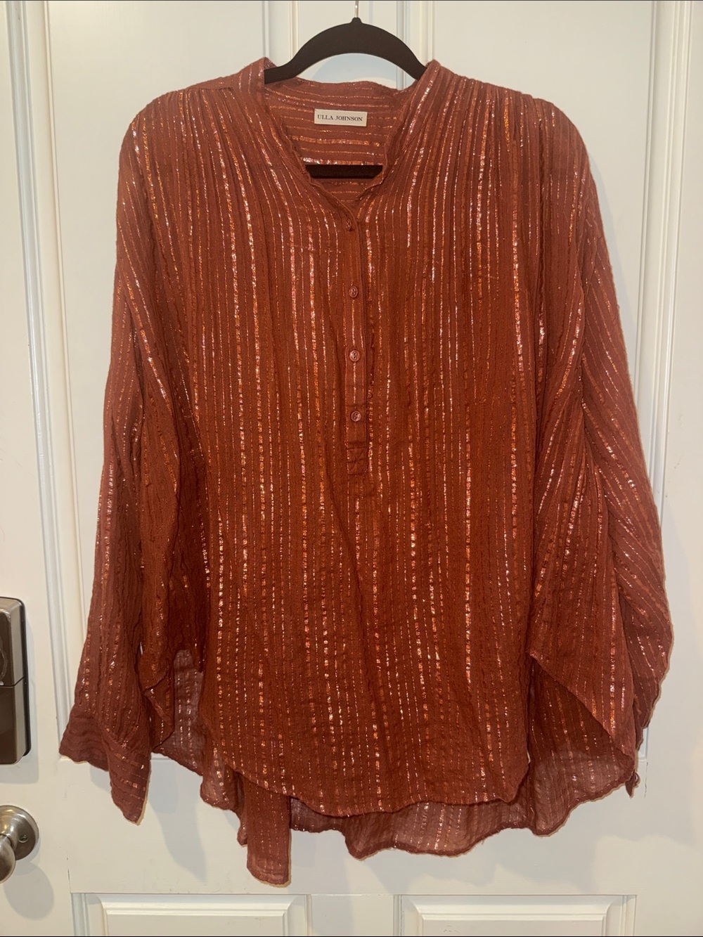 Ulla Johnson Rust Metallic-Striped Long Sleeve Henley Blouse
